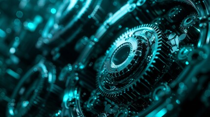Obraz premium Experience a striking black background seamlessly fused with aquamarine accents, enveloping abstract mechanical elements in an intriguing blend of colors and shapes
