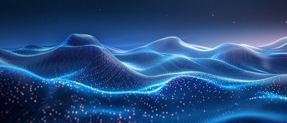 Delve into a mesmerizing blue abstract pattern or digital data abstract background, intricately crafted with line and dot work The composition features luminous 3D objects and high horizon lines - obrazy, fototapety, plakaty