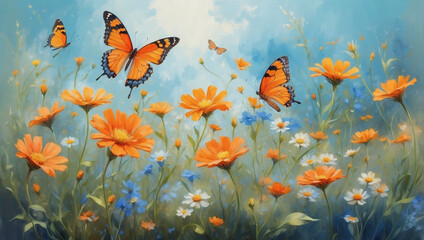 In the ethereal world of oil paints, delicate wildflowers share a whimsical waltz with graceful orange butterflies, a sight to behold.