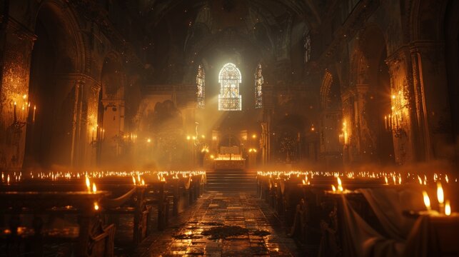 Exorcism ritual in an ancient church, medium shot, dim lighting, suspenseful, historical drama style