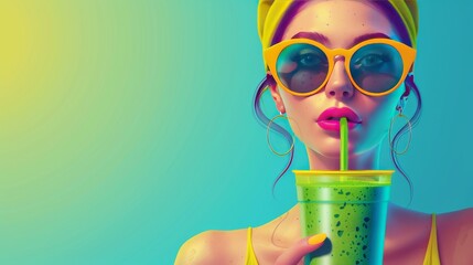 Flat color, minimal vector art, pop vintage woman in sunglasses, green detox smoothie in hand
