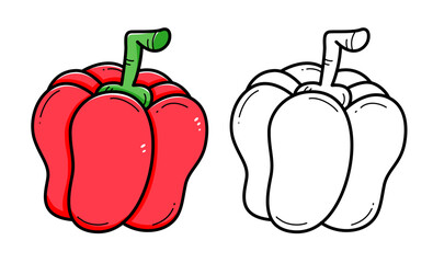 Pepper coloring book with coloring example for kids. Coloring page with pepper. Black and white and color version. Vector children's illustration.