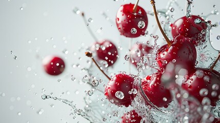 High res photo of red cherries flying, subdued berry colors, water splash droplets, against pure white background