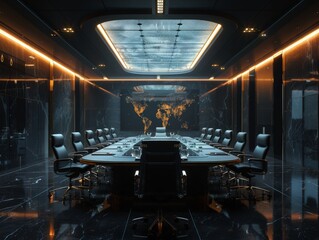 High stakes negotiation in a corporate boardroom, wide shot, tense atmosphere, strategic gameplay