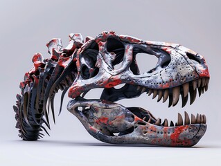 Highly detailed digital illustration of a Tyrannosaurus Rex skull in profile, showcasing realistic textures in a striking contrast of grey and red