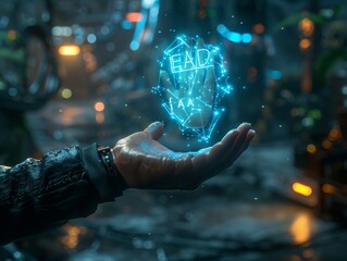 Holographic IDEA text floating above a businessmans hand, futuristic concept