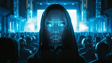 Holographic robot priestess, draped in virtual robes of light, her eyes glowing with wisdom,...