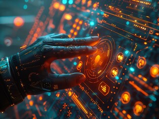 Human controlling a holographic interface, fingertips touching glowing icons, vivid interaction, set against a futuristic backdrop
