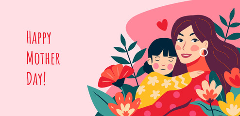 Mother and daughter illustration with floral elements on pink background. Design for greeting card, Mother's Day celebration. Family love and springtime concept.