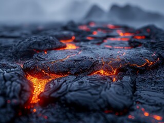 Hyper realistic lava lake edge, ultra detailed rocks, photo realistic glow, sharp focus