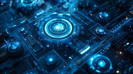 visual experience that merges the complexities of engineering and design featuring a mesmerizing blue computer circuit background adorned with elements of circular abstraction and mechanical realism