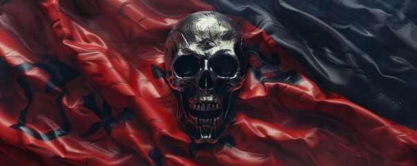 Metallic skull on red and black fabric