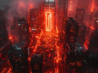 Immerse yourself in a high resolution 4K image featuring a cyberpunk optimizing computer illuminated in striking red hues, exuding an intense and futuristic vibe