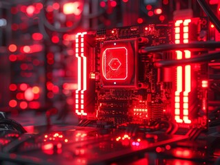 Immerse yourself in a high resolution 4K image featuring a cyberpunk optimizing computer illuminated in striking red hues, exuding an intense and futuristic vibe