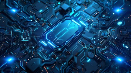 an artificial intelligence theme The majority of the image remains blank, with a dull dark blue color scheme and low saturation, while a glowing pale blue circuit board decoration adorns the edges - obrazy, fototapety, plakaty