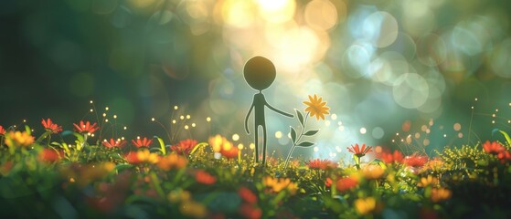 Line art of a joyous stick figure caring for plants, set against a detailed flower garden in bokeh, with dynamic sunlight and light dots, UHD quality - obrazy, fototapety, plakaty