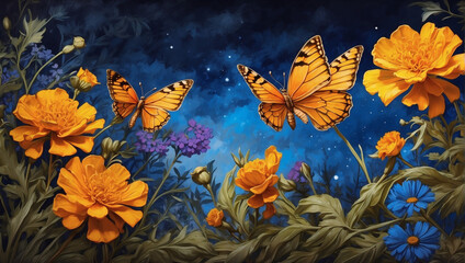 Obraz na płótnie Canvas In the language of oil paints, cobalt wildflowers and marigold butterflies whisper secrets of the cosmos, their beauty a reflection of the universe's wonders.