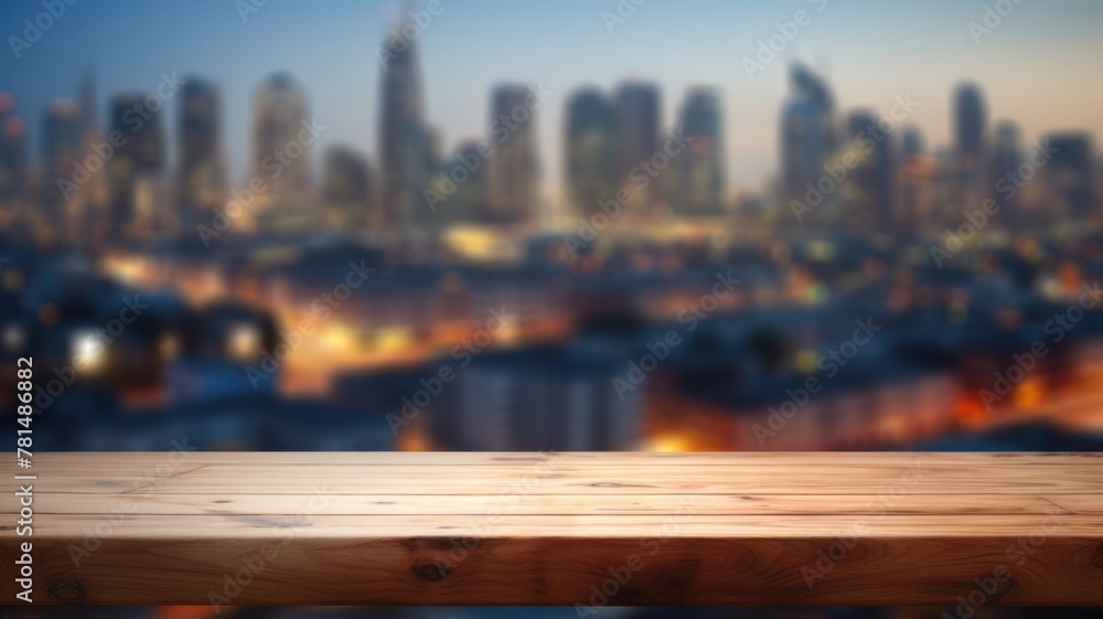 Poster the empty wooden table top with blur background of cityscape. exuberant image. generative ai