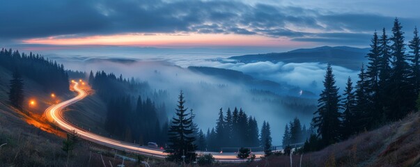 Serene mountain road at twilight - obrazy, fototapety, plakaty