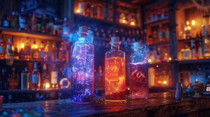 Mystic mixology potions on an old bar, close up, glowing ingredients, magical atmosphere
