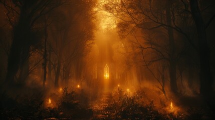 Necromancer summoning spirits in a dark forest, wide shot, eerie lighting, fantasy style - obrazy, fototapety, plakaty