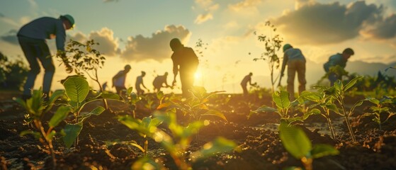 People planting trees on World Environment Day, wide angle, hopeful atmosphere, documentary style