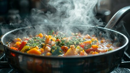Steam rising from a boiling pot of vegetable soup, vibrant colors peeking through the mist