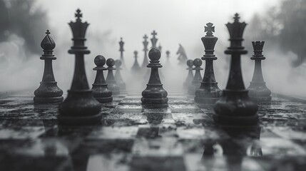 Poetic, distant view of strategic chess like warfare, forgotten field, retro black and gray, non realistic, fill black and white, blur and sharpened contrast