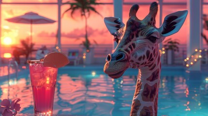 Pop art giraffe with cocktail, psychedelic Miami pool scene, vibrant colors