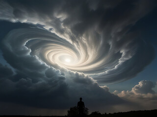 Swirling vortex clouds reveal a mysterious figure emerging, evoking intrigue and wonder.






