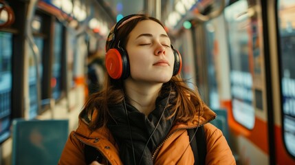 Woman wearing headphones with music, closing her eyes in happiness and riding a bus
