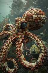 Lego octopus with camera explores coral reef