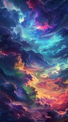 Vibrant and colorful digital artwork of an ethereal sky with fantastical clouds