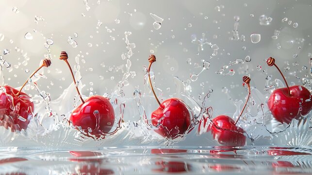 Red cherries captured in flight, high resolution, with water splashes, in subdued berry colors, white background