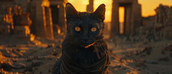 Scary mummy cat, ancient desert ruins behind, twilight, wide shot, cinematic horror style - obrazy, fototapety, plakaty
