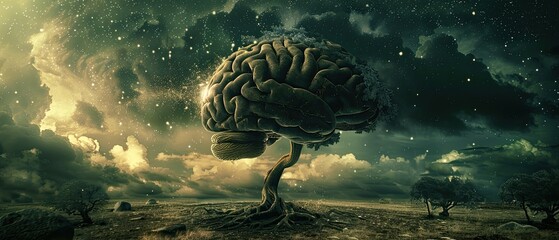 A conceptual digital artwork of a brain evolving into a tree illustrating mental and knowledge growth