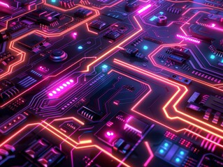 Sci fi circuits in neon lights, richly colored line art on black, glowing futuristic design