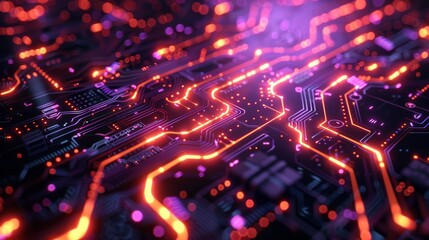 Fototapeta premium Sci fi future theme, circuits and glowing lines on a black background, vibrant neon line art