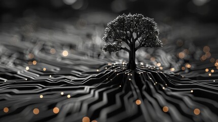 Simple vector ash tree logo, made of circuit board, chip in crown, wide branches and roots, monochromatic black - obrazy, fototapety, plakaty