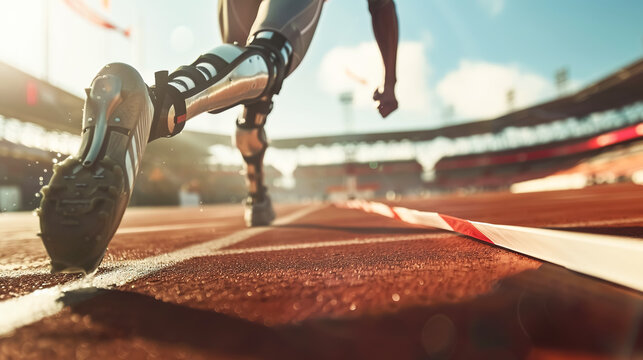 A disabled track and field athlete with prosthetic legs on treadmill against backdrop of sunlight, movement and perseverance, determination to win. Paralympic sports games, competitions, Olympics