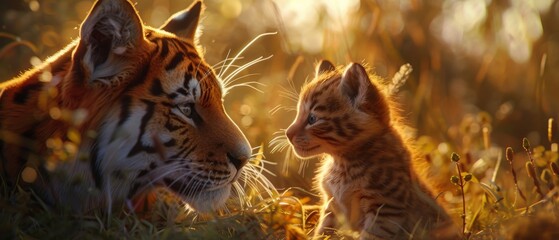 Soft hearted moment between unlikely animal friends, close up, warm lighting, heartfelt narrative