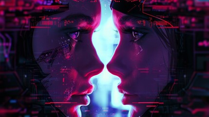 Software Siamese twins in a digital realm, close up, surreal connection, cyberpunk style - obrazy, fototapety, plakaty