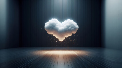A heart-shaped cloud, backlit and glowing, creates a romantic and ethereal atmosphere against a dark backdrop with vertical lines, reflecting light onto the floor below - obrazy, fototapety, plakaty