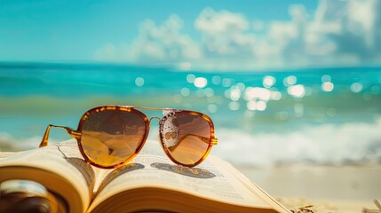 A pair of sunglasses resting on a book at the beach - obrazy, fototapety, plakaty