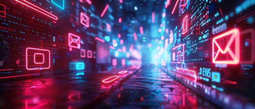  a vivid digital realm where a computer screen dazzles with digital magnets drawing in email, social media icons, and chat bubbles, symbolizing the irresistible attraction of online