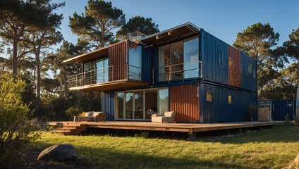 Innovative shipping container residence, blending sustainability with modern design, bathed in sunlight against a clear blue sky.
