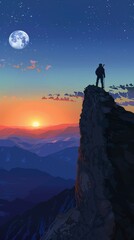 Fototapeta premium Sunrise summit - adventure at dawn with moon