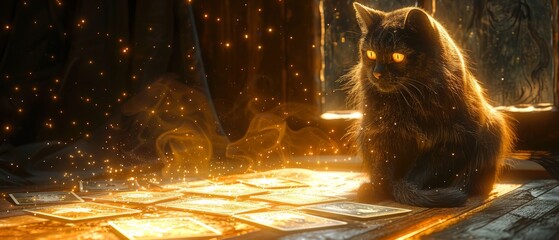 Surreal scene of a black cat, tarot cards spread before it, drawn in high quality white outlines on black, weirdly captivating - obrazy, fototapety, plakaty