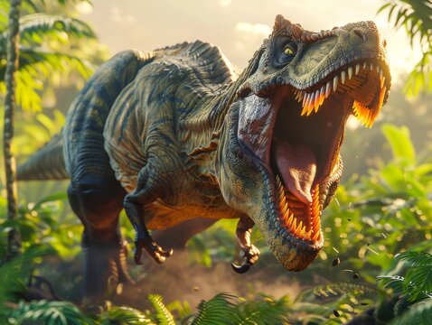 T rex roaring in a prehistoric jungle, wide angle, dynamic pose, epic, Jurassic adventure style