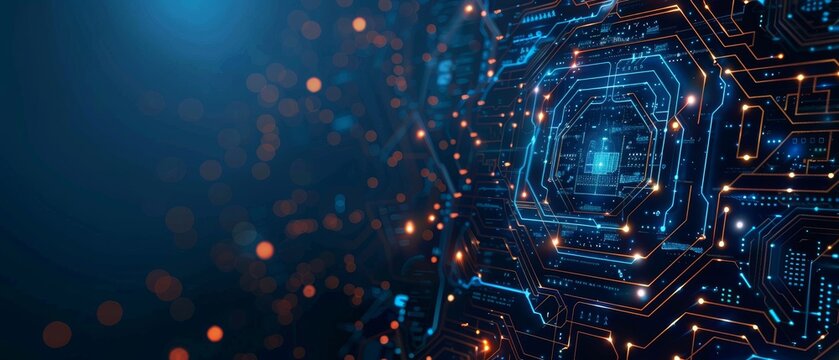 an artificial intelligence theme With 80 percent of the image left blank, the subdued dark blue color scheme and low saturation set the tone, enhanced by a subtle glowing pale blue circuit board decor